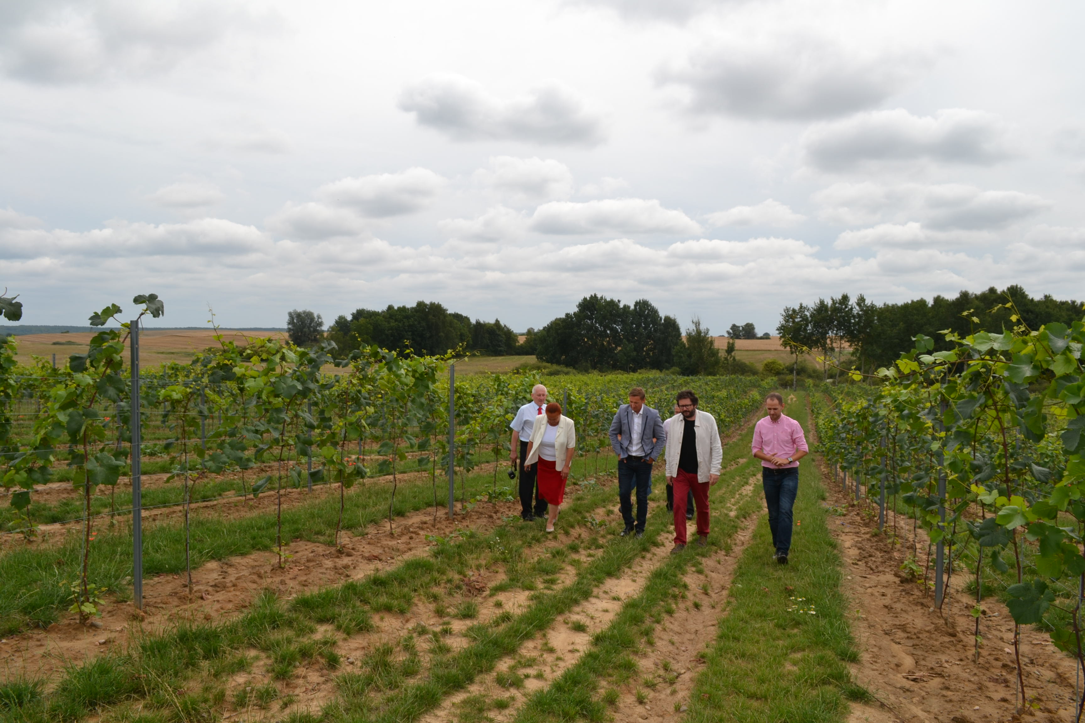 Wójt gminy Banie Teresa Sadowska, marszałek Województwa Zachodniopomorskiego Olgierd Geblewicz i przedstawiciele Winnica Baniewice podczas wizytacji realizacji inwestycji.