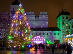 rozświetlona choinka na dziedzińcu Zamku